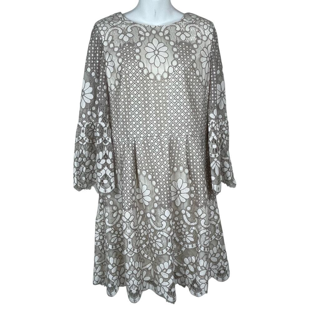 Eliza J Baby Doll Dress Size 12 Ivory Taupe Lace 3/4 Bell Sleeve